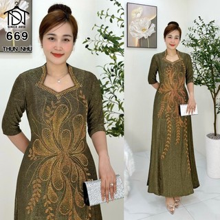 Đầm dạ hội trung niên chất THUN NHŨ co giãn tốt, đính đá cao cấp cho mẹ dự tiệc sang trọng bigsize M669