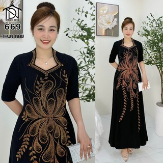 Đầm dạ hội trung niên chất THUN NHŨ co giãn tốt, đính đá cao cấp cho mẹ dự tiệc sang trọng bigsize M669
