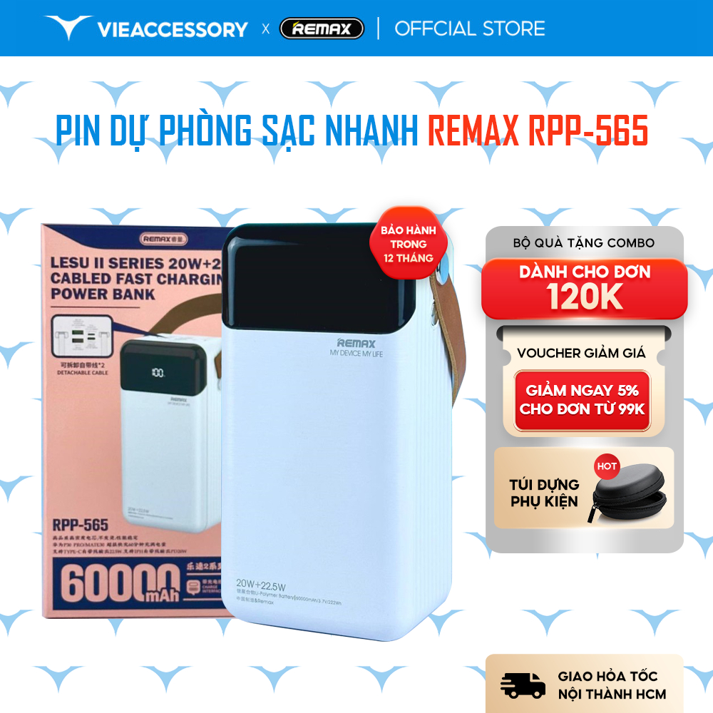 Pin Dự Phòng Sạc Nhanh Remax RPP-565 60000mAh QC PD max 22.5W tích hợp ...