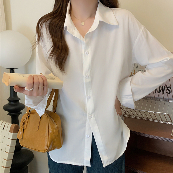 Ảnh Áo sơ mi form rộng nữ tay dài vải mịn trơn THOCA HOUSE thanh lịch, thời thượng, phối đồ thường ngày 2