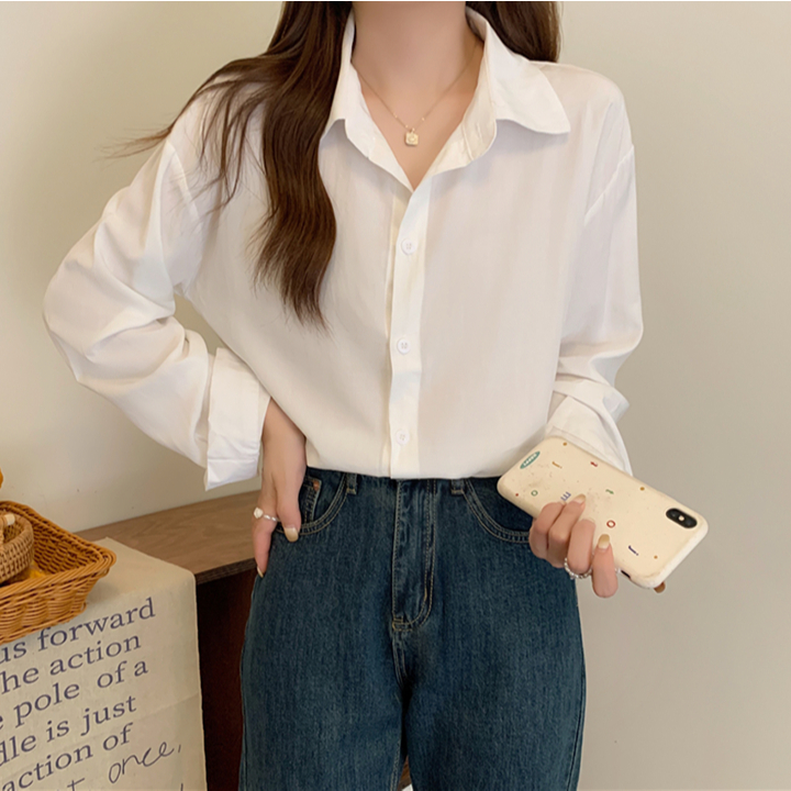 Ảnh Áo sơ mi form rộng nữ tay dài vải mịn trơn THOCA HOUSE thanh lịch, thời thượng, phối đồ thường ngày 1