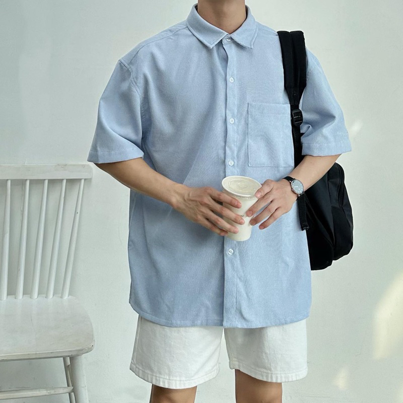 Áo Sơ Mi Tay Ngắn Nhung Tăm Nam Nữ Form Rộng Thời Trang Hàn Quốc A15