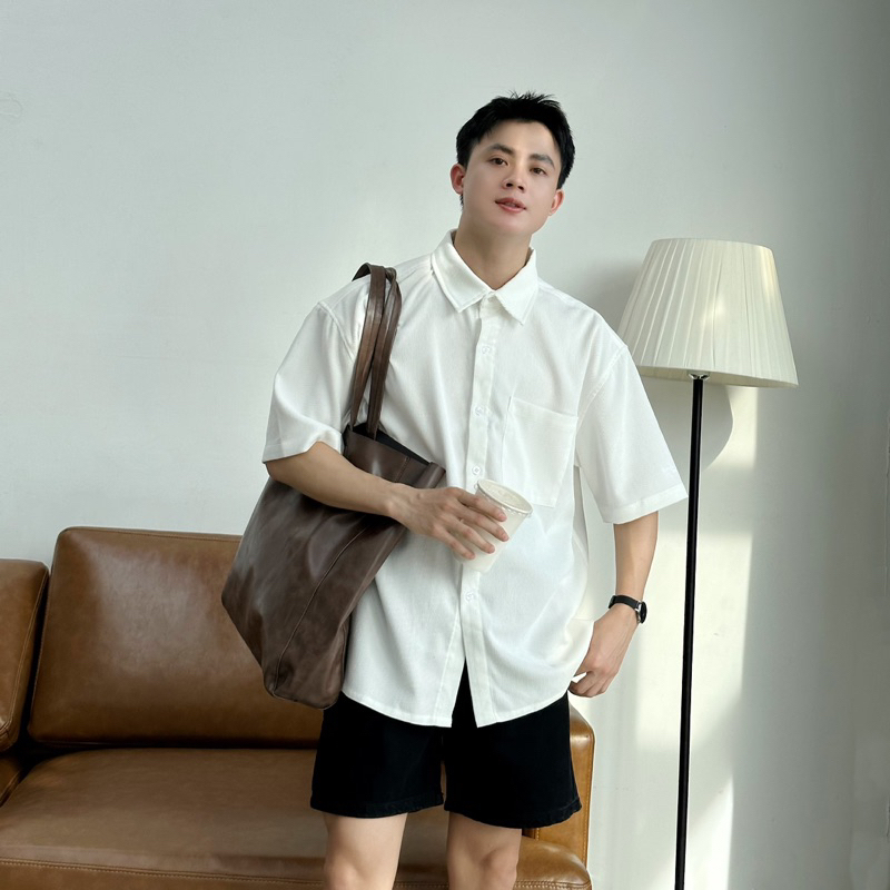 Áo Sơ Mi Tay Ngắn Nhung Tăm Nam Nữ Form Rộng Thời Trang Hàn Quốc A15