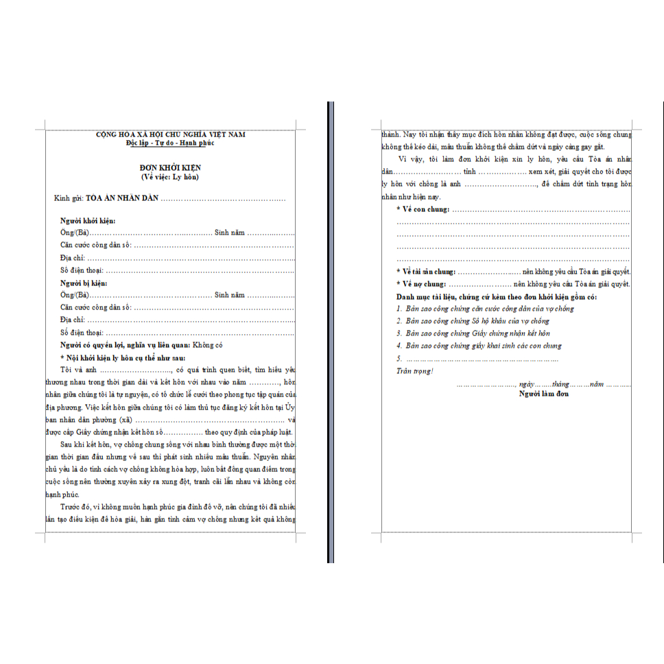 Đơn ly hôn đơn phương loại soạn sẵn + viết tay 04 bản 2024