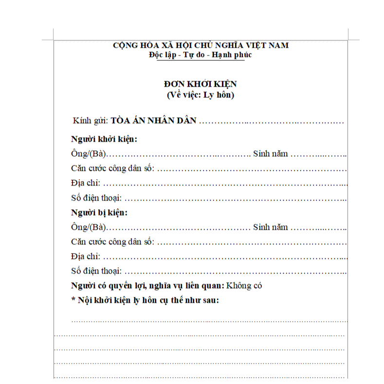 Đơn ly hôn đơn phương loại soạn sẵn + viết tay 04 bản 2024