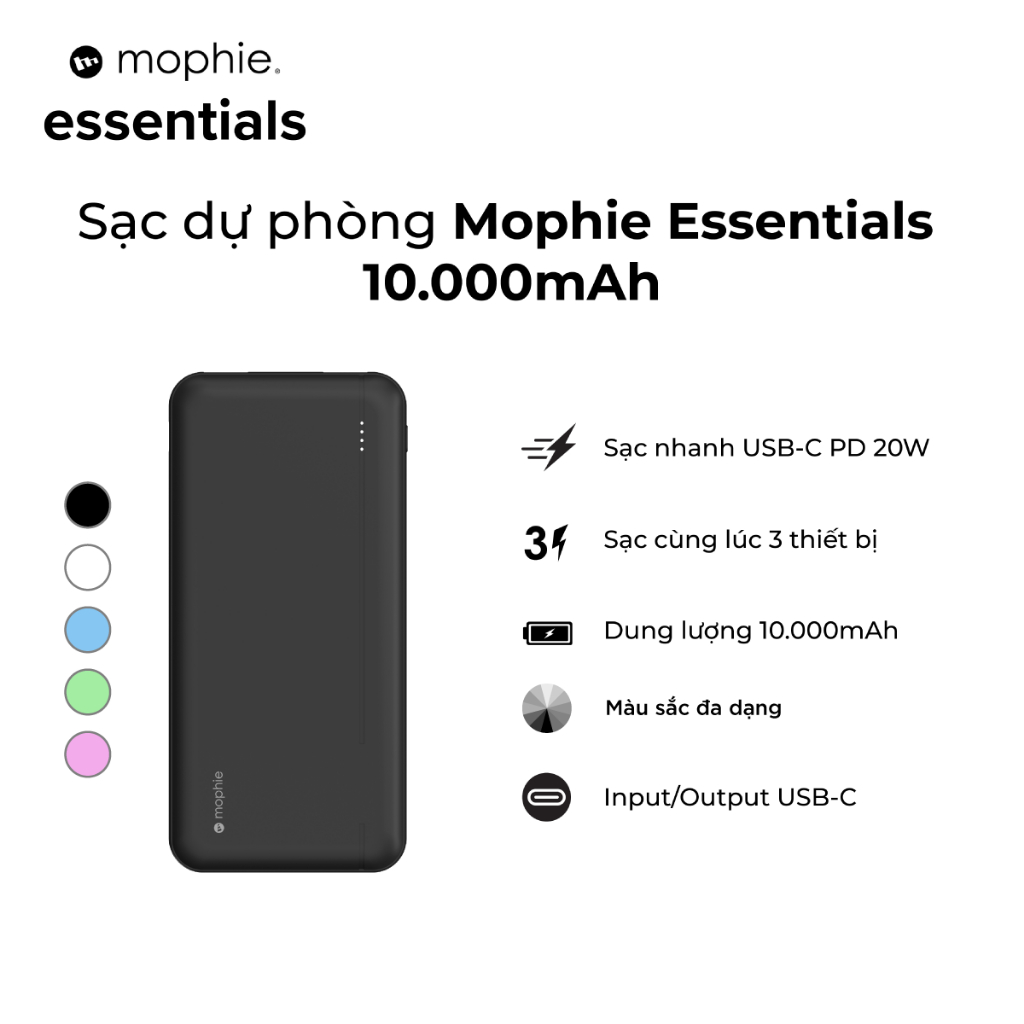 Sạc dự phòng Mophie Essentials 10000 mAh, sạc nhanh PD 20W 4 cổng kết nối - Bảo hành 2 năm | BigBuy360 - bigbuy360.vn