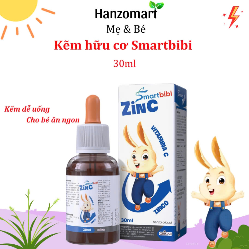 Kẽm Smartbibi Zinc bổ sung vitamin C giúp bé ăn ngon, giảm ốm vặt, tăng khả năng tập trung trí nhớ 30ml - hanzomart
