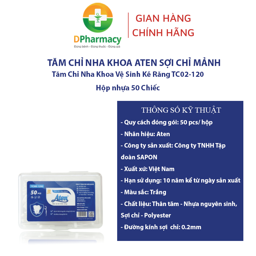 Tăm chỉ nha khoa ATEN sợi chỉ mảnh, tăm chỉ nha khoa vệ sinh kẽ răng TC02-120. Hộp nhựa 50 chiếc