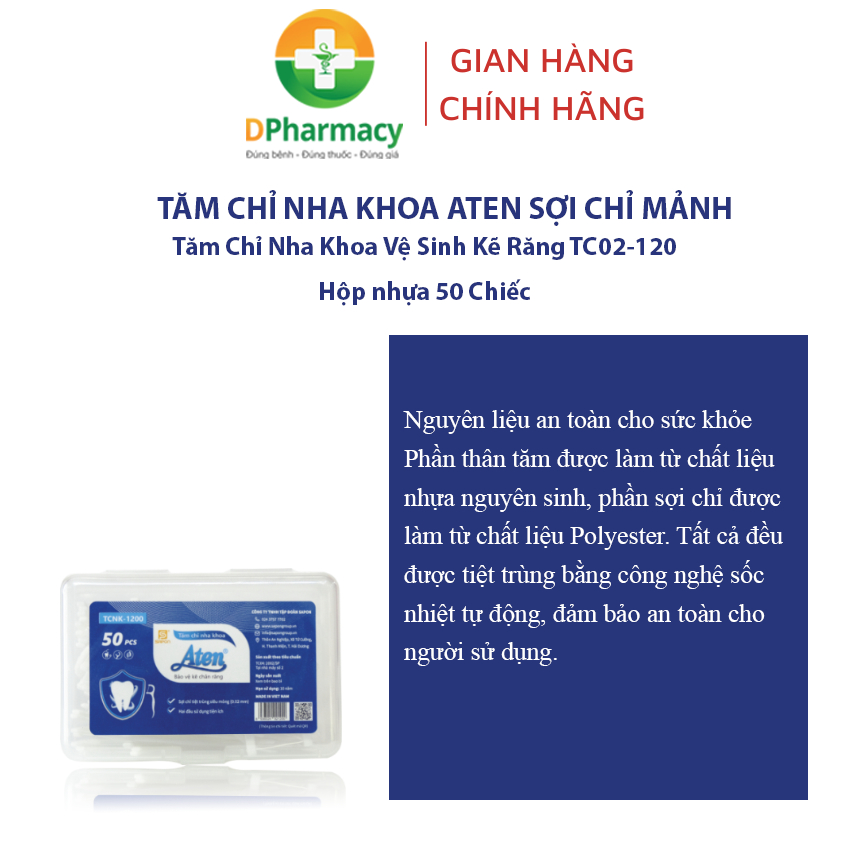 Tăm chỉ nha khoa ATEN sợi chỉ mảnh, tăm chỉ nha khoa vệ sinh kẽ răng TC02-120. Hộp nhựa 50 chiếc