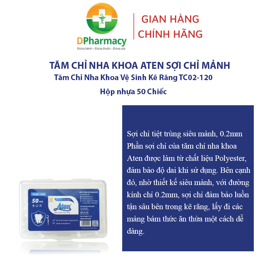 Tăm chỉ nha khoa ATEN sợi chỉ mảnh, tăm chỉ nha khoa vệ sinh kẽ răng TC02-120. Hộp nhựa 50 chiếc