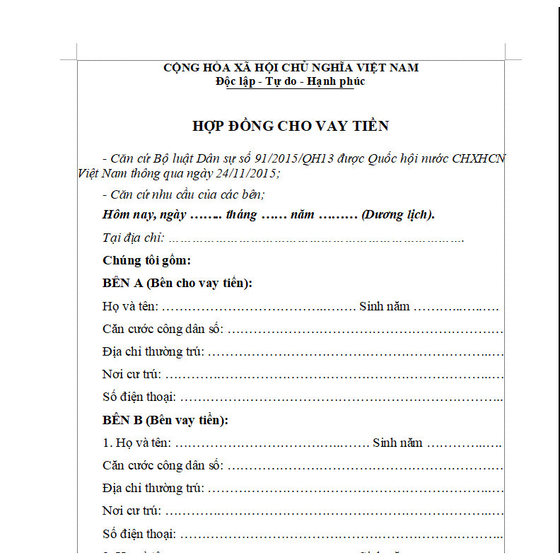 HỢP ĐỒNG VAY 02 BẢN GIẤY IN A4