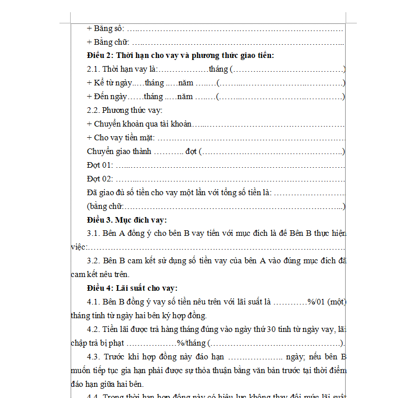 HỢP ĐỒNG VAY 02 BẢN GIẤY IN A4