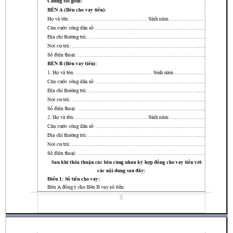 HỢP ĐỒNG VAY 02 BẢN GIẤY IN A4