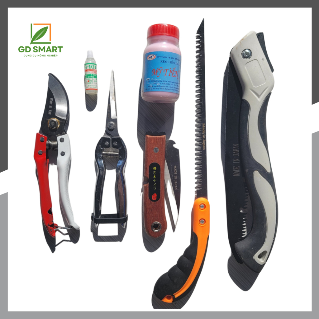 (Freeship) 7 món dụng cu cây cảnh (Kéo cắt cành, kéo tỉa cành, kích rễ hb101, keo liền da, cưa lách, cưa gấp, dao ghép)