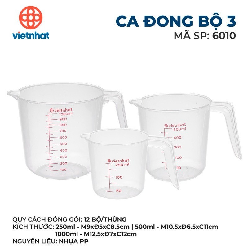 Bộ 3 ca đong 250-500-1000ml - Dụng cụ đo lường có chia vạch Việt Nhật
