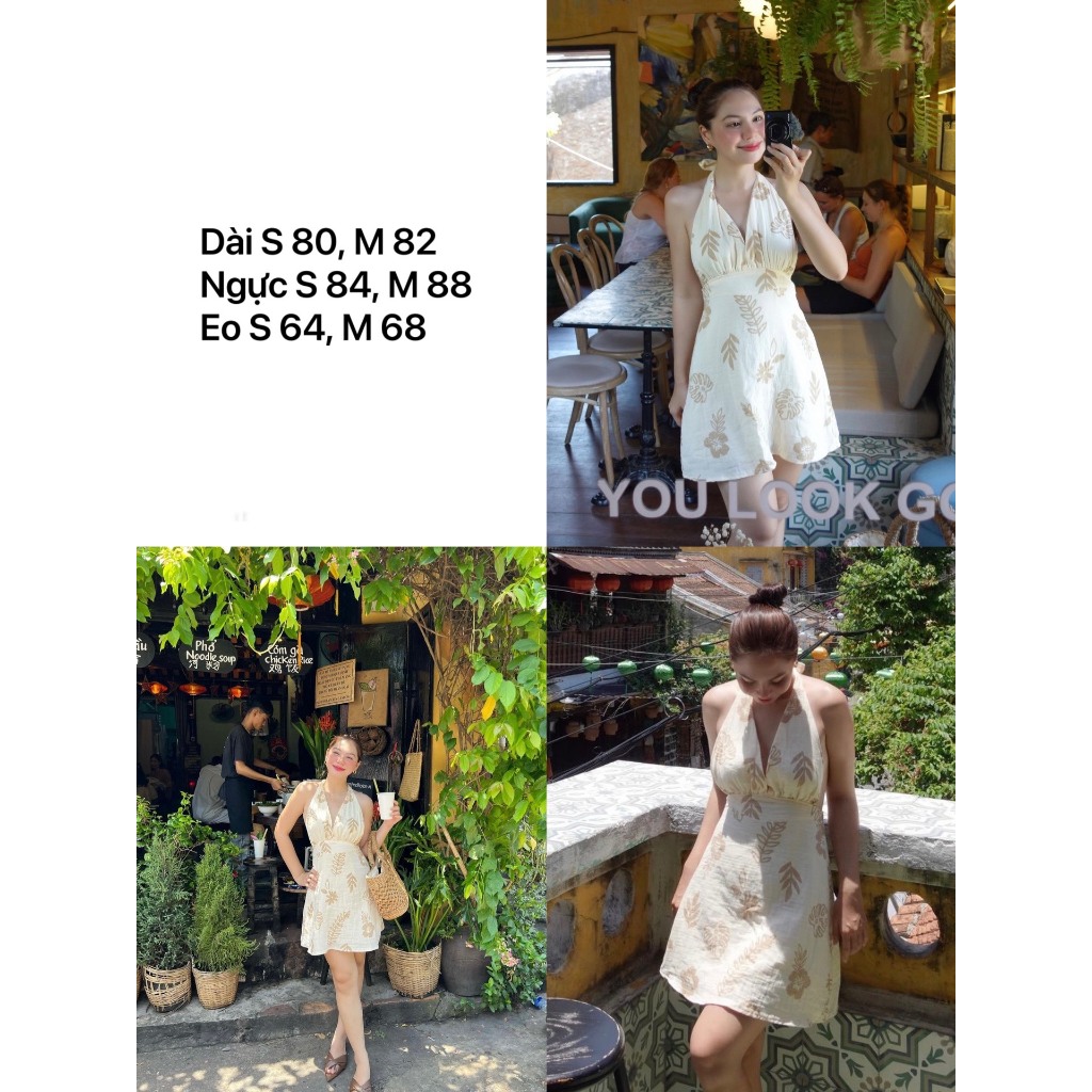 Đầm hoa cổ yếm với thiết kế hoa lá nhẹ nhàng kết hợp màu be cho chị em đón hè - Ou dress Gem Boutique