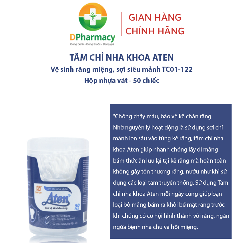 Tăm Chỉ Nha Khoa ATEN Vệ Sinh Kẽ Răng, Sợi Siêu Mảnh TC01-122. Hộp nhựa vát 50 chiếc
