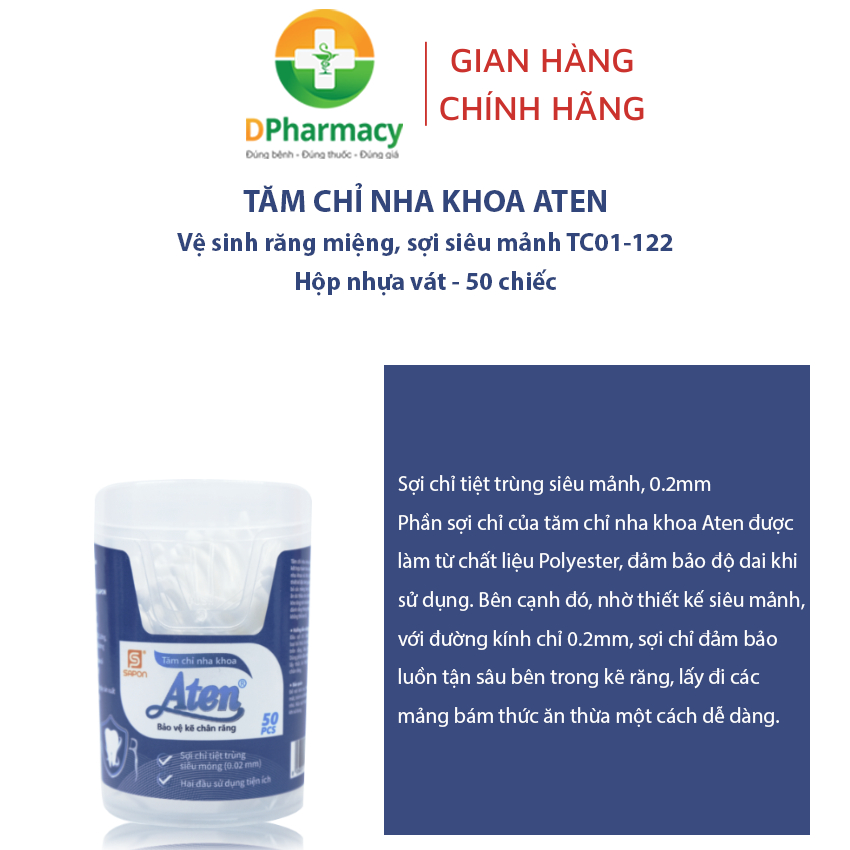 Tăm Chỉ Nha Khoa ATEN Vệ Sinh Kẽ Răng, Sợi Siêu Mảnh TC01-122. Hộp nhựa vát 50 chiếc