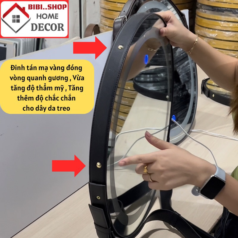 Gương Nhà Tắm Treo Tường Tròn Viền Da Đèn LED 3 Màu Cao Cấp