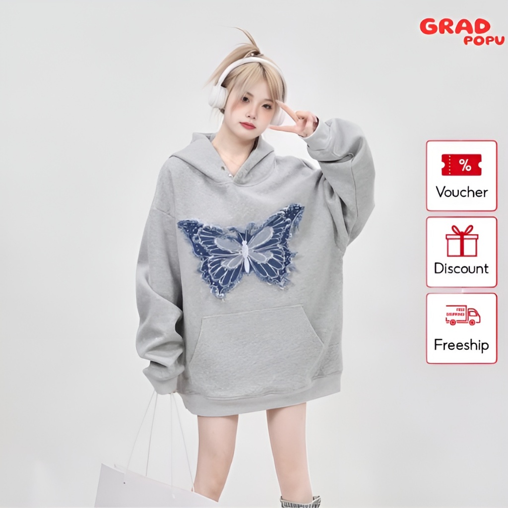 Áo hoodie nữ GRADPOPU PPH03 dáng rộng thêu hình bướm sắc nét, chất nỉ 2 lớp dày dặn siêu ấm phong cách Mỹ