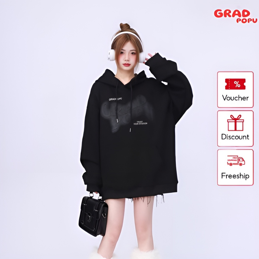 Áo hoodie nữ GRADPOPU PPH04 dài tay dáng rộng hình in cá tính, chất nỉ 2 lớp dày dặn siêu ấm phong cách Mỹ