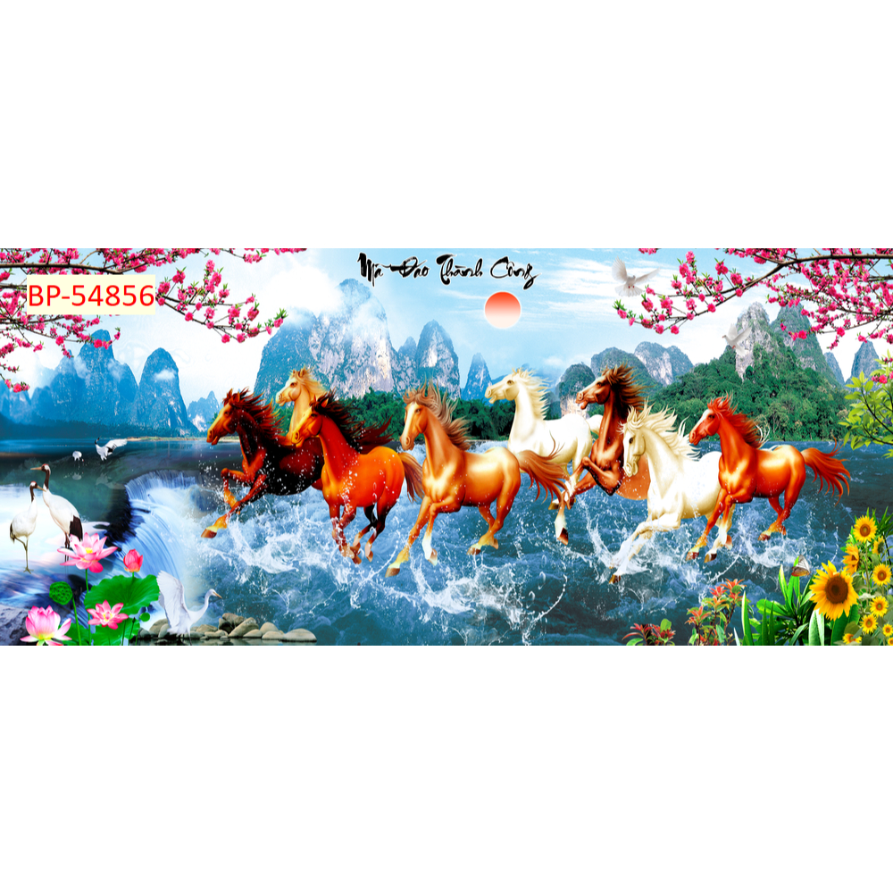 aTranh Ngựa vải lụa kim sa tranh dán tường 3D....