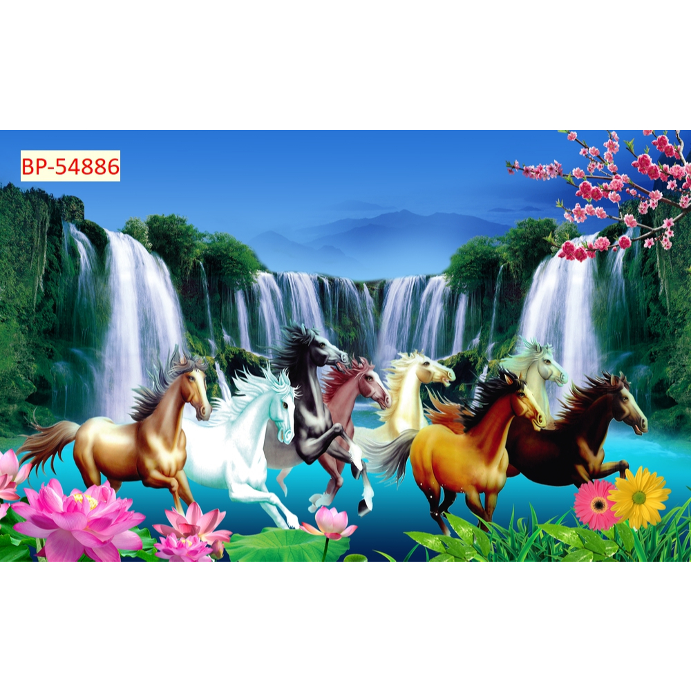 aTranh Ngựa vải lụa kim sa tranh dán tường 3D....