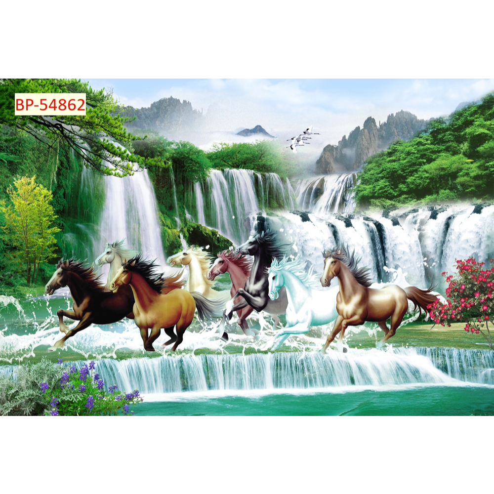 aTranh Ngựa vải lụa kim sa tranh dán tường 3D....