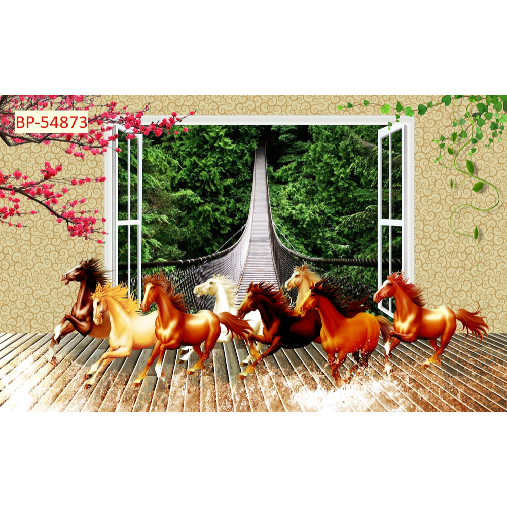 aTranh Ngựa vải lụa kim sa tranh dán tường 3D....