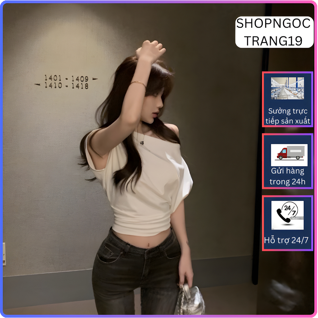 Áo croptop trễ vai cánh dơi nữ, áo crt ngắn tay gợi cảm thun cotton đen trắng