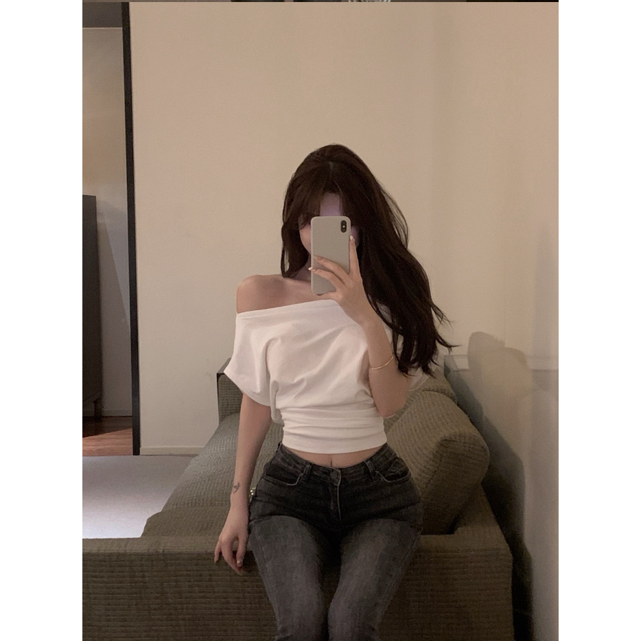 Áo croptop trễ vai cánh dơi nữ, áo crt ngắn tay gợi cảm thun cotton đen trắng
