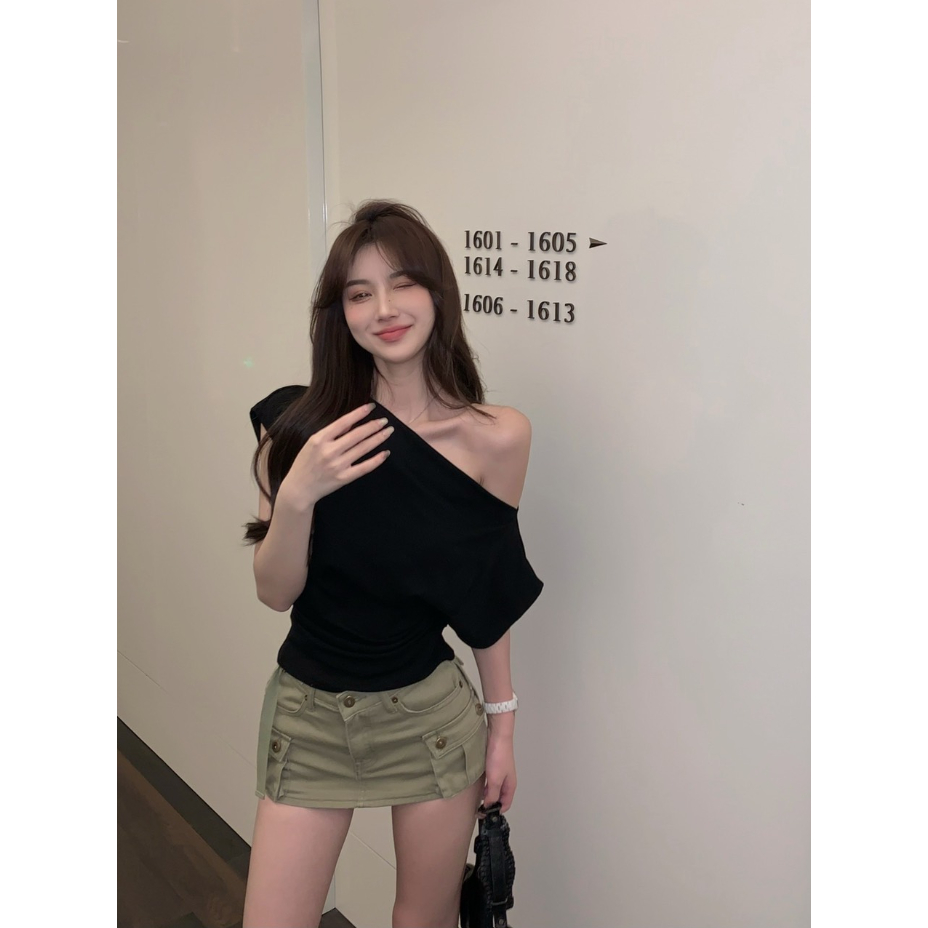 Áo croptop trễ vai cánh dơi nữ, áo crt ngắn tay gợi cảm thun cotton đen trắng