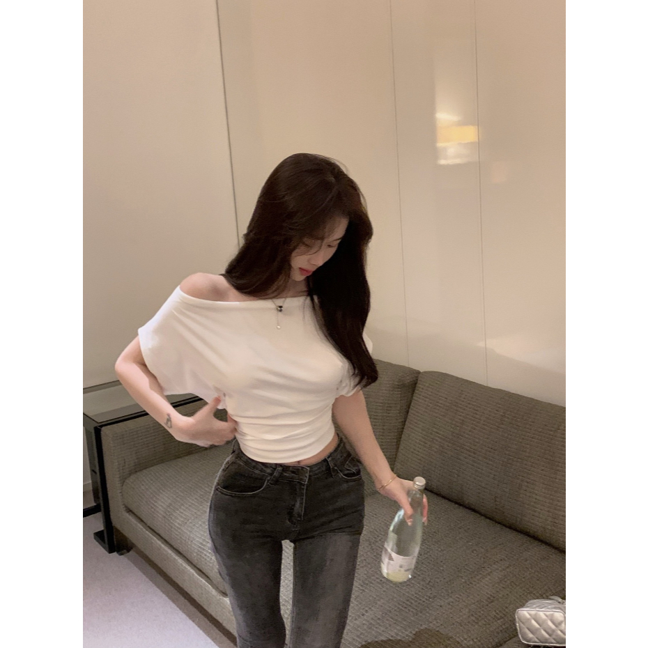 Áo croptop trễ vai cánh dơi nữ, áo crt ngắn tay gợi cảm thun cotton đen trắng