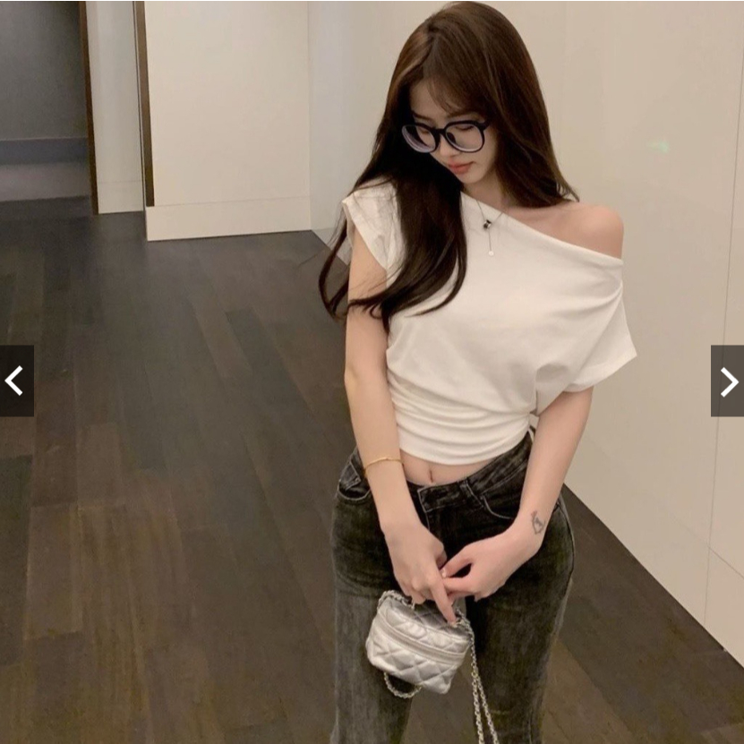 Áo croptop trễ vai cánh dơi nữ, áo crt ngắn tay gợi cảm thun cotton đen trắng