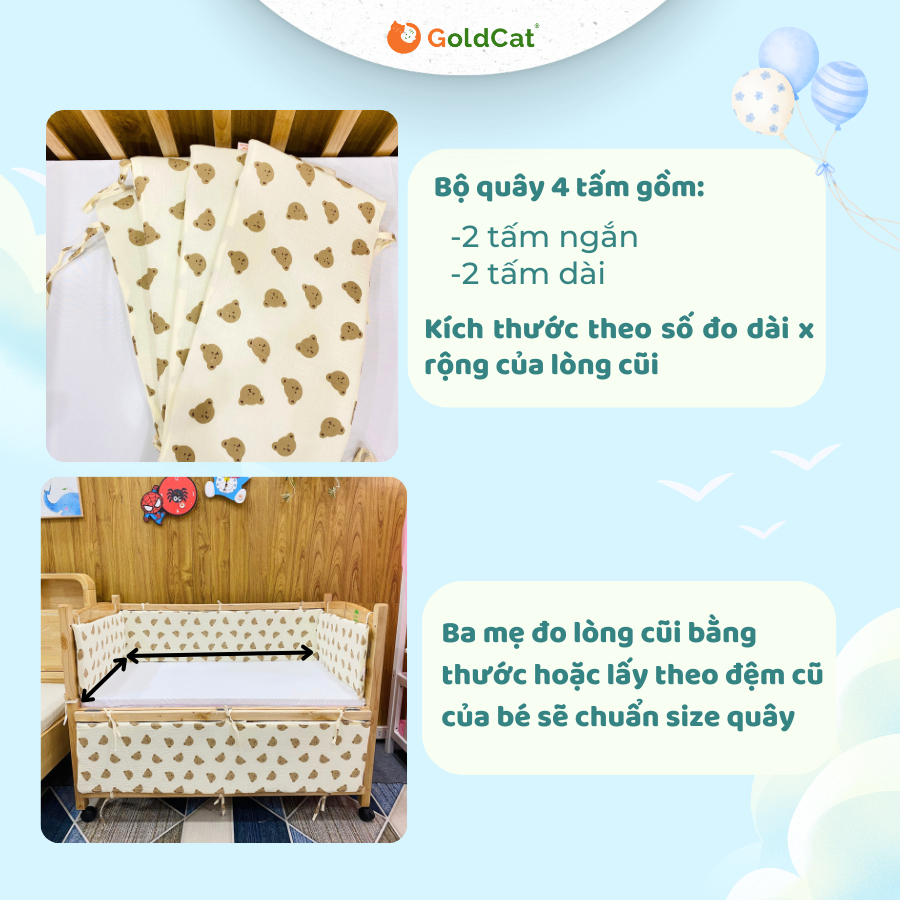Ảnh Quây Cũi Cho Bé GOLDCAT Thiết Kế 4 Tấm Thông Minh Dùng Cũi Trẻ Em Êm Ái, Chất Liệu Cotton An Toàn Cho Bé 2