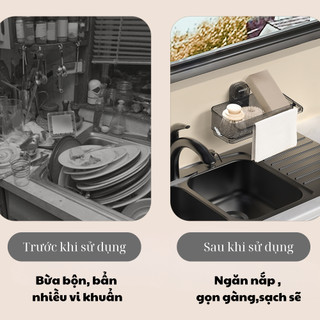 Kệ đựng đồ rửa bát chén cốc hút treo tường vân kim cương có chỗ để giẻ lau, khay hứng nước tiện lợi