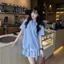 Set bộ áo sơ mi cộc tay kẻ phối chân váy xếp ly ren cạp chun, set bộ kẻ xanh chân váy phối ren vải thô loại 1 [MY56]