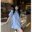Set bộ áo sơ mi cộc tay kẻ phối chân váy xếp ly ren cạp chun, set bộ kẻ xanh chân váy phối ren vải thô loại 1 [MY56]