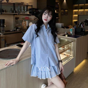Set bộ áo sơ mi cộc tay kẻ phối chân váy xếp ly ren cạp chun, set bộ kẻ xanh chân váy phối ren vải thô loại 1 [MY56]