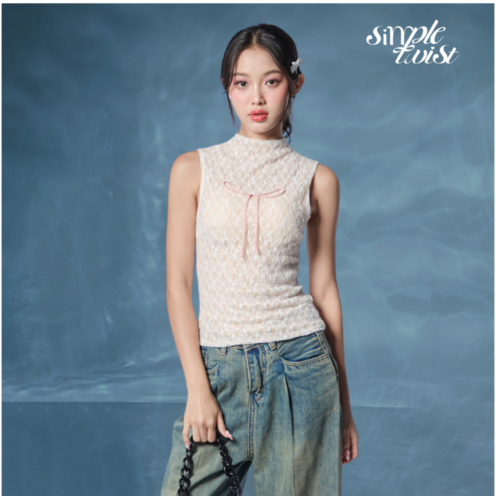 Ảnh Set áo sát nách cổ lọ ren đính nơ phối chân váy xòe dáng ngắn màu hồng dành cho nữ BLOOMING [Có Tách Lẻ] - Simple Twist 4