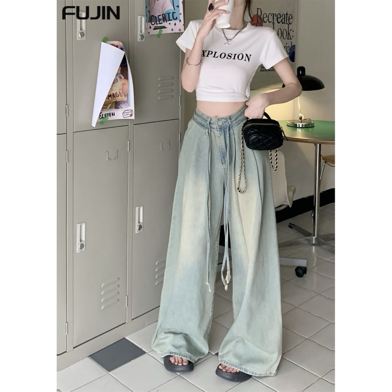 Quần Bò Jeans Nữ Ống Rộng, Quần Bò Denim Suông Ống Rộng Trơn Màu Xanh Bạc Kèm Dây Bản Cạp Cao Siêu Hách Dáng Cực Đỉnh