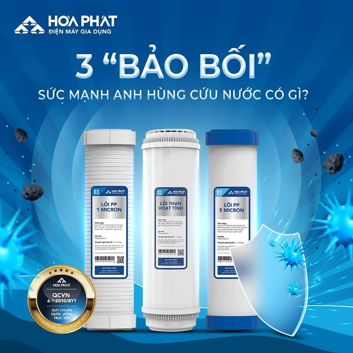 Bộ 3 Lõi Lọc Thô 123 Chính Hãng Hòa Phát - Tương thích các loại máy lọc nước để gầm