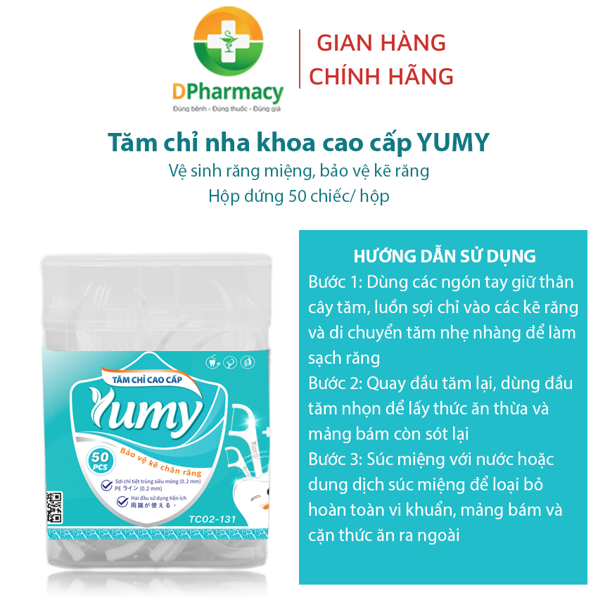 Tăm chỉ nha khoa cao cấp YUMY TC02-131, vệ sinh răng miệng hộp nhựa đứng 50 chiếc/ hộp