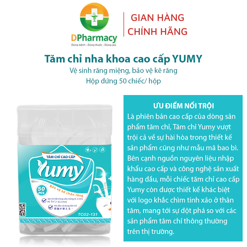 Tăm chỉ nha khoa cao cấp YUMY TC02-131, vệ sinh răng miệng hộp nhựa đứng 50 chiếc/ hộp