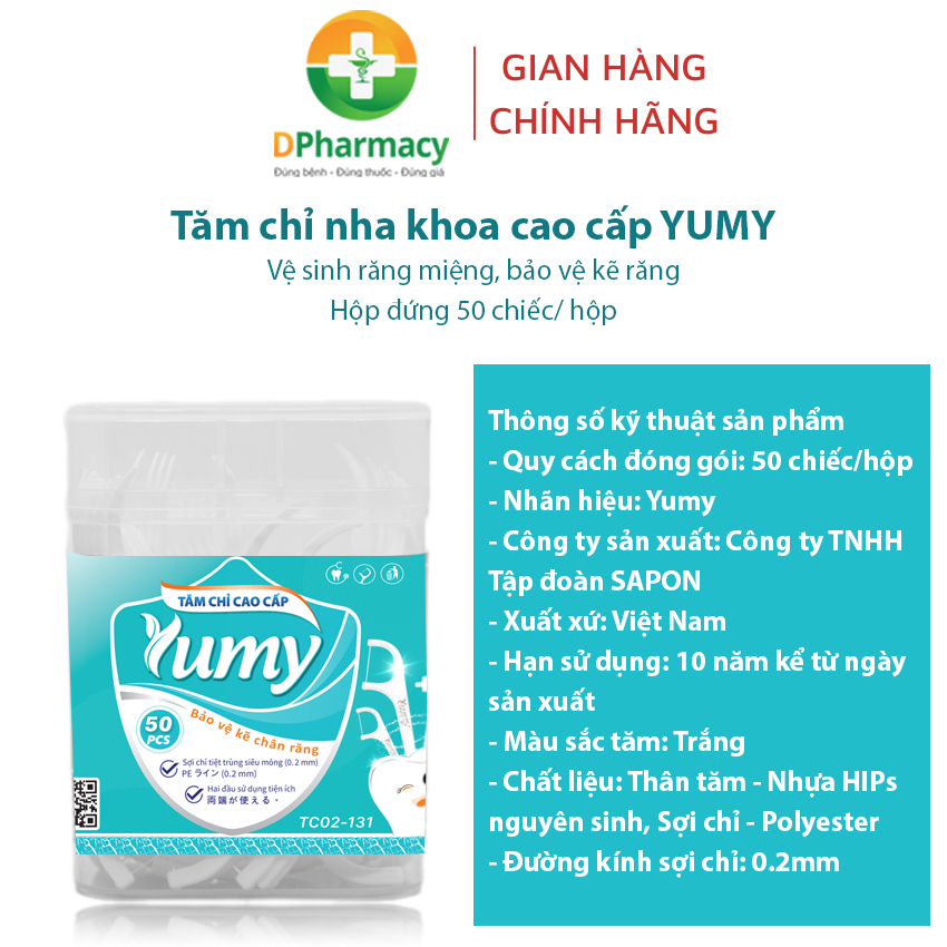 Tăm chỉ nha khoa cao cấp YUMY TC02-131, vệ sinh răng miệng hộp nhựa đứng 50 chiếc/ hộp