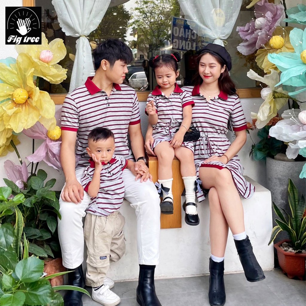 Set Áo Gia Đình Fig Tree Thun Polo Sọc Đỏ Xám Cotton Dày Dặn, Thoáng Mát, Năng Động Mùa Hè