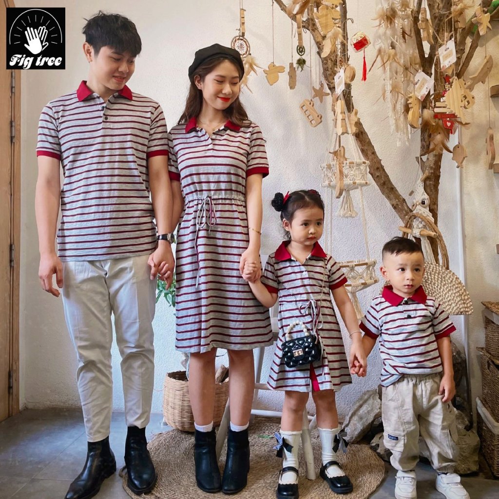 Set Áo Gia Đình Fig Tree Thun Polo Sọc Đỏ Xám Cotton Dày Dặn, Thoáng Mát, Năng Động Mùa Hè