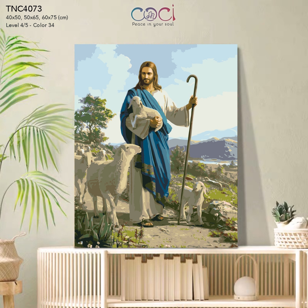 Tranh số hóa tự tô màu theo số Công giáo Chúa Giêsu chăn chiên đã căng khung TNC4073