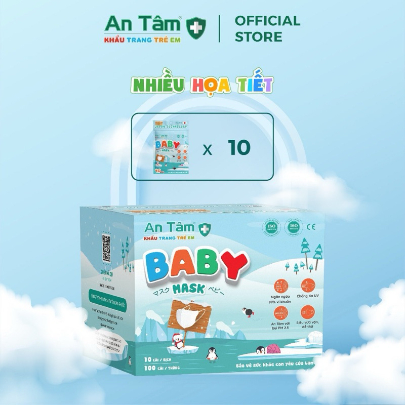 Thùng 100 cái - Khẩu trang Bé Sơ sinh An Tâm cho trẻ từ 0 - 3 tuổi