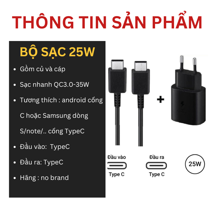 Bộ Sạc Nhanh Samsung 25W dành cho Note 10 Note 20 S20 S20+ S20 Ultra S24Ultra công TypeC to TypeC